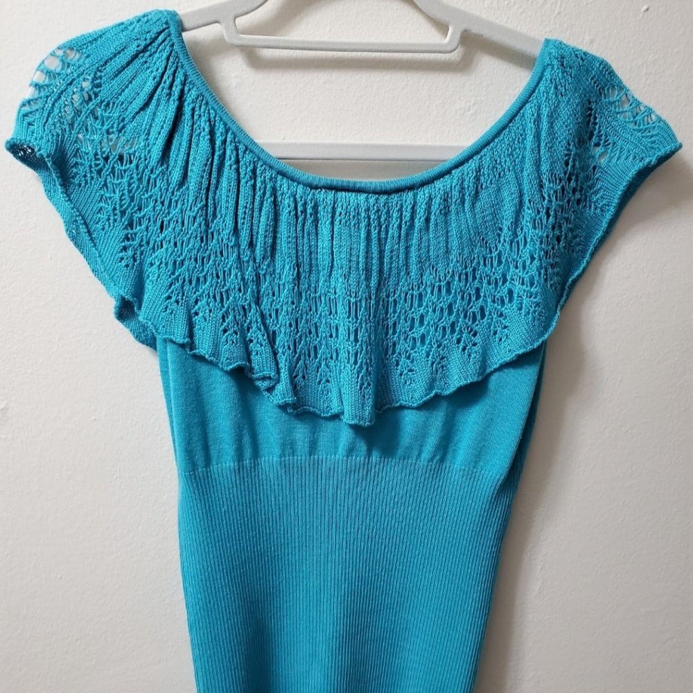 Heart Soul women's blue top with decorative knitted flare style, L